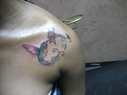 Hummingbird And Flower Pic Tattoo On Left Shoulder